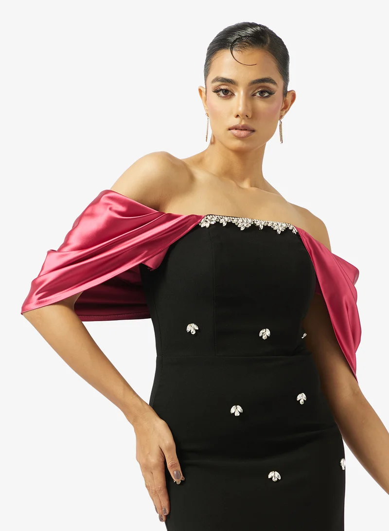Akadia Fashion  EMBELLISHED COLD SHOULDER CREPE DRESS for Women | Best Price UAE